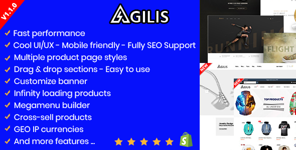 Agilis-响应式Shopify版块主题-谷歌Pagespeed 99/100-交叉销售-全面SEO支持