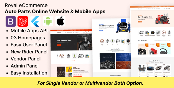 Royal eCommerce – 汽车零部件在线商店网站和 Flutter App Bundle