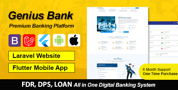 Genius Bank – 带有 Flutter 移动应用程序捆绑包的数字银行系统