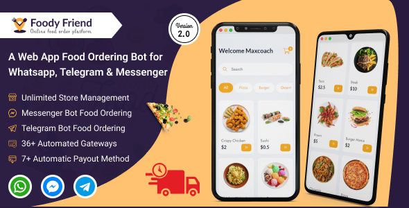 适用于 WhatsApp、Telegram、Messenger（基于 SAAS）的餐厅订餐机器人 – 美食朋友