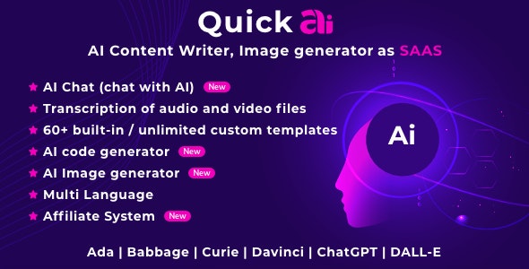 QuickAI – OpenAI – ChatGPT – 作为 SaaS 的 AI 内容、文本、聊天、图像和代码生成器