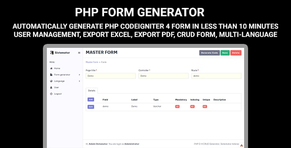 PHP 表单生成器 – Codeigniter 4 表单大师、表单标题详细信息、用户管理、多语言