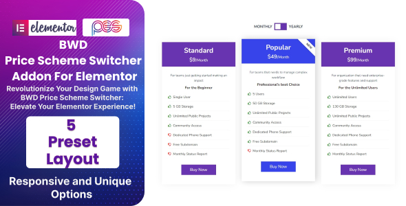 定价表 – Elementor 的切换器插件