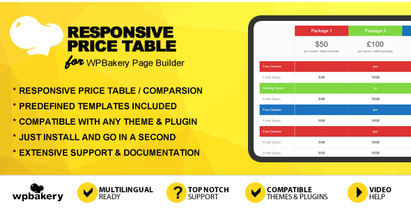 WPBakery 页面构建器的响应式价格表插件