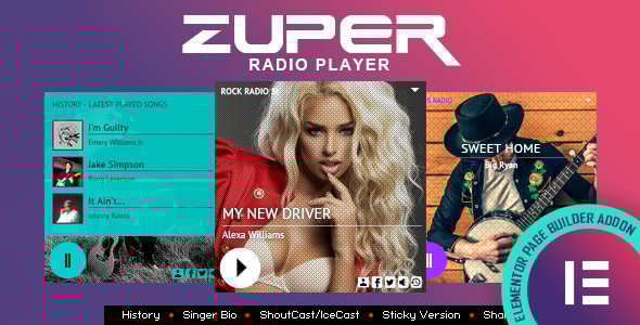 Zuper – 带有历史记录的 Shoutcast 和 Icecast 广播播放器 – Elementor 小部件插件